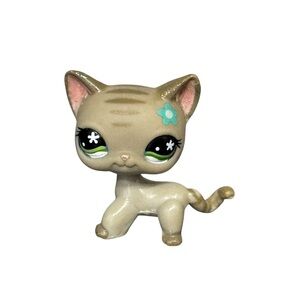 Littlest Pet Shop Shorthair Cat #483 Gray Tabby w/ Flower Over Eye: Authentic